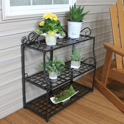 Image showing  3-Tier Iron Metal Potted Flower Plant Stand with Scrolled Back Design, 30 in., Black