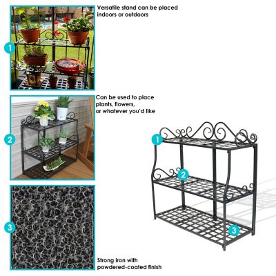 Image showing  3-Tier Iron Metal Potted Flower Plant Stand with Scrolled Back Design, 30 in., Black