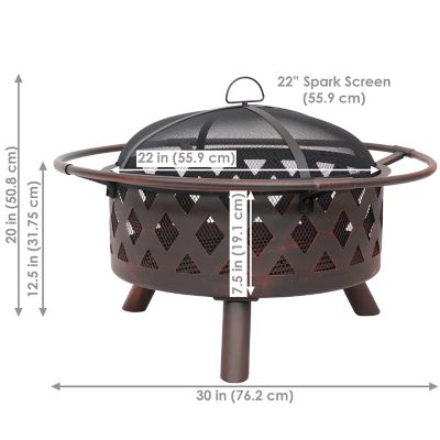 Image showing  Outdoor Camping or Backyard Crossweave Cut Out Fire Pit with Spark Screen and Log Poker - 30 in. - Bronze