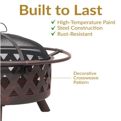 Image showing  Outdoor Camping or Backyard Crossweave Cut Out Fire Pit with Spark Screen and Log Poker - 30 in. - Bronze