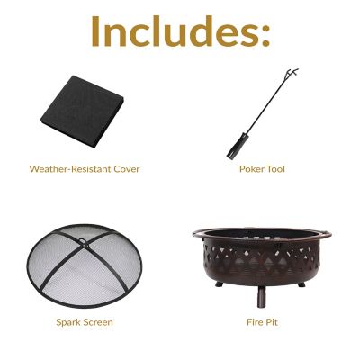Image showing  36 in. Camping or Backyard Crossweave Cut Out Wood-Burning Fire Pit with Spark Screen and Metal Grate, Bronze