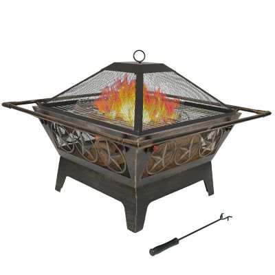 Sunnydaze Decor Northern Galaxy Square Fire Pit with Cooking Grate, Thick Steel, Bronze High Temperature Paint