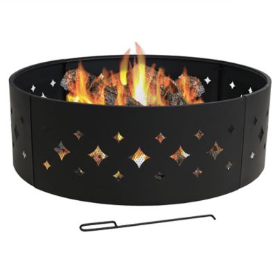 Sunnydaze Decor Steel Portable Large Round Diamond Cut Out Fire Pit Ring with Log Poker - 36 in. - Black