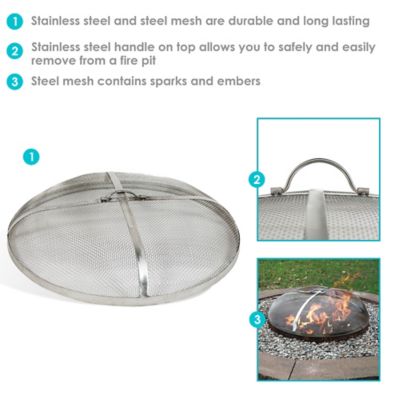 Image showing  Outdoor Heavy-Duty Steel Mesh Round Camp Fire Pit Spark Screen Lid with Grabber Ring Top - 24 in. - Silver