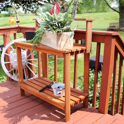 Image showing  Outdoor Meranti Wood with Teak Oil Finish Gardening Potting Bench with Shelf, 35.5 x 17.75 x 42.75 in., Brown