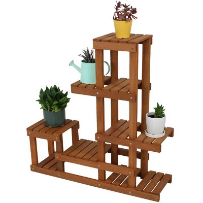 Sunnydaze Decor Meranti Wood with Teak Oil Finish 7-Tiered Succulent Flower Plant Stand Display Shelf - 36 in. - Brown