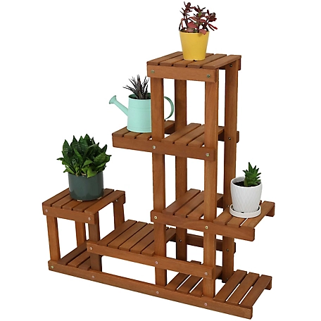 Sunnydaze Decor Wood Meranti Indoor/Outdoor Multi-Tier Plant Stand, Teak Finish