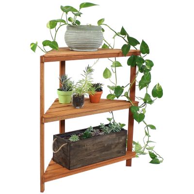 Sunnydaze Decor Meranti Wood with Teak Oil Finish 3-Tiered Corner Flower Plant Stand Shelf Display - 36 in. - Brown