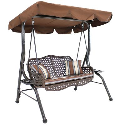 Sunnydaze Decor 2-Person Outdoor Patio Swing with Adjustable Canopy Shade, Cushions and Pillow, 300 lb. Capacity, Brown Stripe