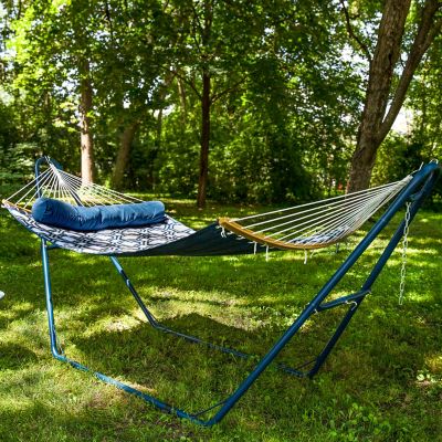 Image showing  74 in. Quilted 2-Person Hammock with Curved Bamboo Spreader Bars, 450 lb. Capacity, Navy and Gray Tiled Octagon