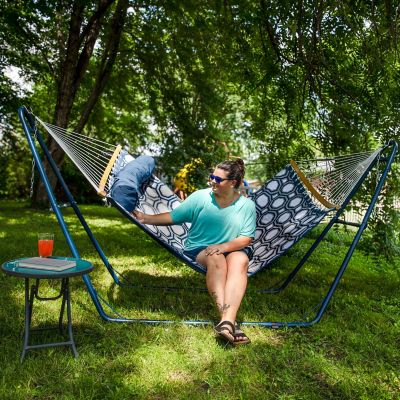 Image showing  74 in. Quilted 2-Person Hammock with Curved Bamboo Spreader Bars, 450 lb. Capacity, Navy and Gray Tiled Octagon