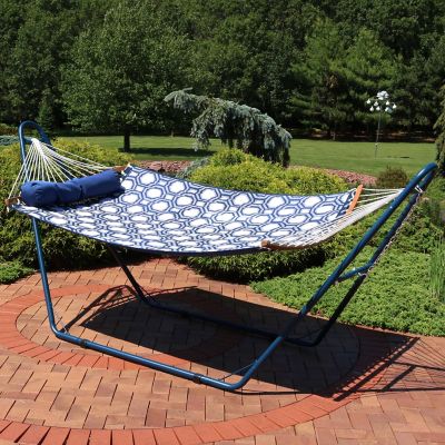 Image showing  2-Person Polyester Hammock with Wood Curved Spreader Bar & Matte Blue Steel Stand, Navy & Gray Tiled Octagon