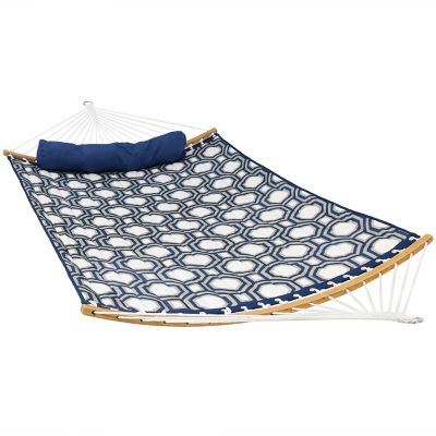 Image showing  2-Person Polyester Hammock with Wood Curved Spreader Bar & Matte Blue Steel Stand, Navy & Gray Tiled Octagon