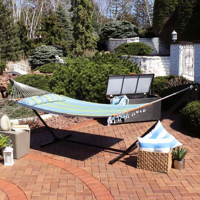 Image showing  Outdoor 2-Person Double Polyester Quilted Spreader Bar Hammock with 12ft Black Steel Stand - Blue and Green