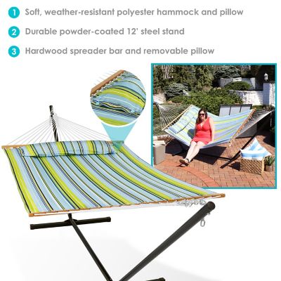 Image showing  Outdoor 2-Person Double Polyester Quilted Spreader Bar Hammock with 12ft Black Steel Stand - Blue and Green