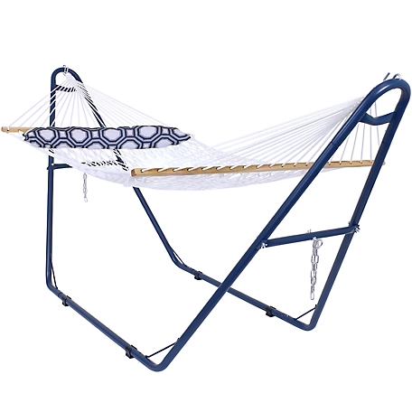 Sunnydaze Decor Spreader Bar Outdoor Rope Hammock with Pillow and Stand
