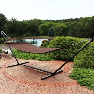 Image showing  Outdoor 2-Person Double Polyester Rope Hammock with Wood Spreader Bar and 15ft Black Steel Stand - Mocha