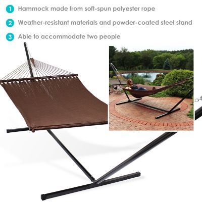 Image showing  Outdoor 2-Person Double Polyester Rope Hammock with Wood Spreader Bar and 15ft Black Steel Stand - Mocha