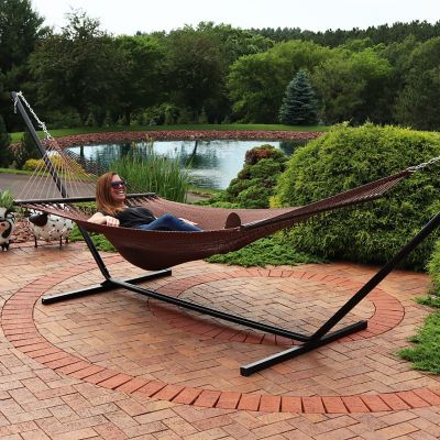 Image showing  Outdoor 2-Person Double Polyester Rope Hammock with Wood Spreader Bar and 15ft Black Steel Stand - Mocha