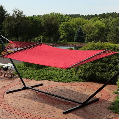 Image showing 1 th Sunnydaze Decor Double Wide Two-Person Polyester Rope Hammock with Spreader Bars - 600 lb. Weight Capacity - Red