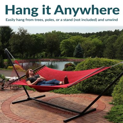 Image showing 4 th Sunnydaze Decor Double Wide Two-Person Polyester Rope Hammock with Spreader Bars - 600 lb. Weight Capacity - Red