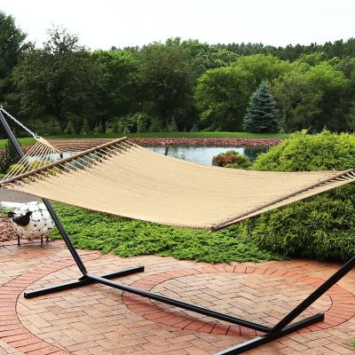 Image showing  Large Double Wide Two-Person Polyester Rope Hammock with Spreader Bars - 600 lb. Weight Capacity - Tan