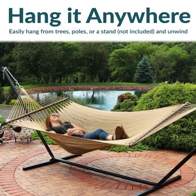 Image showing  Large Double Wide Two-Person Polyester Rope Hammock with Spreader Bars - 600 lb. Weight Capacity - Tan