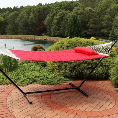 Image showing  Large Two-Person Quilted Fabric Hammock with Spreader Bars & Detachable Pillow, 440 lb Weight Capacity, Red