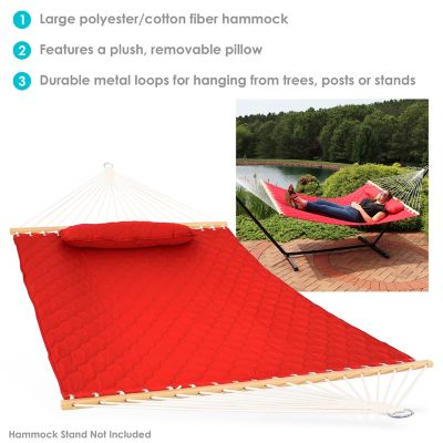 Image showing  Large Two-Person Quilted Fabric Hammock with Spreader Bars & Detachable Pillow, 440 lb Weight Capacity, Red