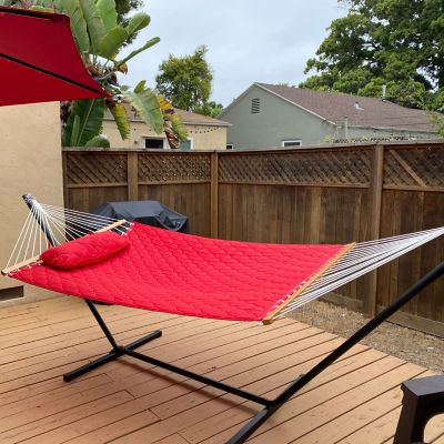 Image showing  Large Two-Person Quilted Fabric Hammock with Spreader Bars & Detachable Pillow, 440 lb Weight Capacity, Red