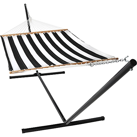 Sunnydaze Decor Quilted Fabric Spreader Bar Hammock and 15 ft. Stand, Black/White