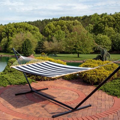Image showing  2-Person Heavy-Duty Quilted Hammock with Steel Stand - 400 lb Weight Capacity/15 ft. Stand - Black and White
