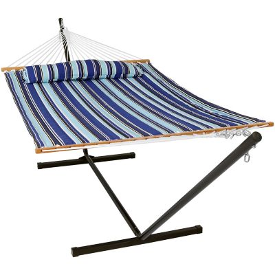 Sunnydaze Decor 12 ft. Outdoor 2-Person Double Quilted Hammock with Wood Spreader Bar and Black Steel Stand, Catalina Beach