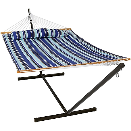 Sunnydaze Decor Quilted Fabric Spreader Bar Hammock and 12 ft. Stand, Catalina Beach