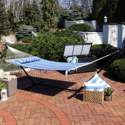 Image showing  12 ft. Outdoor 2-Person Double Quilted Hammock with Wood Spreader Bar and Black Steel Stand, Catalina Beach