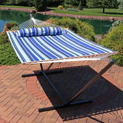 Image showing  12 ft. Outdoor 2-Person Double Quilted Hammock with Wood Spreader Bar and Black Steel Stand, Catalina Beach