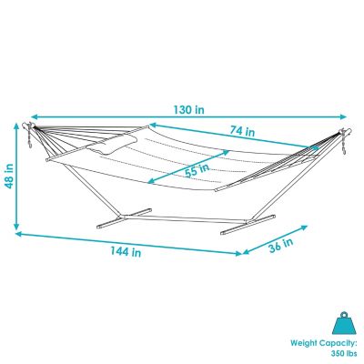 Image showing  12 ft. Outdoor 2-Person Double Quilted Hammock with Wood Spreader Bar and Black Steel Stand, Catalina Beach