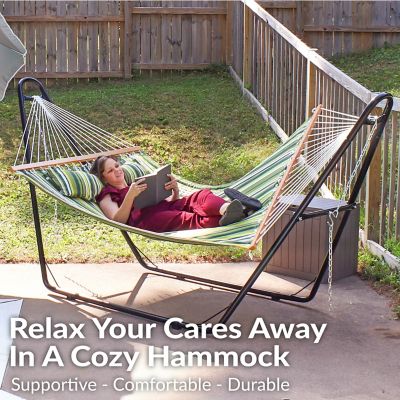 Image showing  125.5 in. Large Heavy-Duty 2-Person Quilted Fabric Hammock with Spreader Bars, 450 lb. Capacity, Melon Stripe