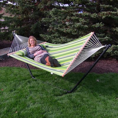 Image showing  Quilted Double Hammock with 12-Foot Steel Stand for Outdoor, 350 lb Weight Capacity/12' Stand, Melon Stripe