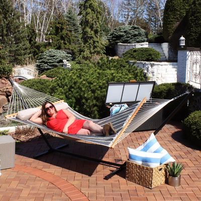 Image showing 6 th Sunnydaze Decor Quilted Fabric Spreader Bar Hammock and 12 ft. Stand, Mountainside