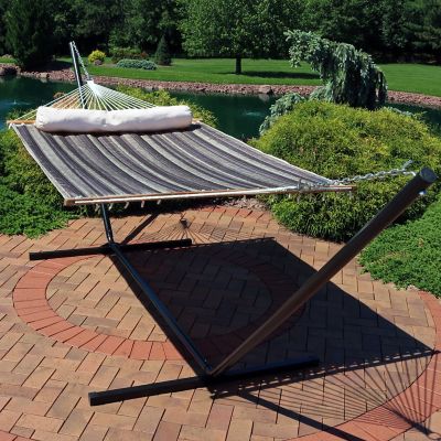 Image showing  Quilted Fabric Spreader Bar Hammock, Stand & Detachable Pillow, 400lb Weight Capacity/15 ft. Stand, Mountainside