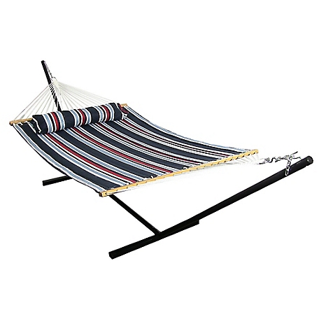 Sunnydaze Decor Quilted Fabric Spreader Bar Hammock and 12 ft. Stand, Nautical Stripe