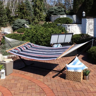 Image showing  Quilted Double Hammock with Steel Stand for Backyard & Patio, 350 lb Weight Capacity/12' Stand, Nautical Stripe