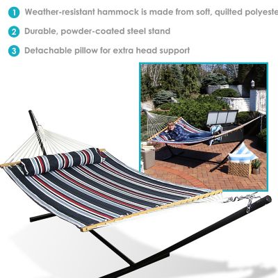 Image showing  Quilted Double Hammock with Steel Stand for Backyard & Patio, 350 lb Weight Capacity/12' Stand, Nautical Stripe
