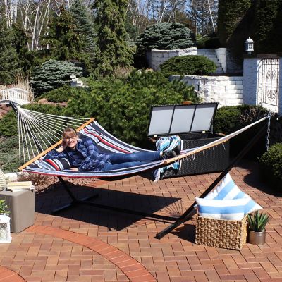 Image showing  Quilted Double Hammock with Steel Stand for Backyard & Patio, 350 lb Weight Capacity/12' Stand, Nautical Stripe