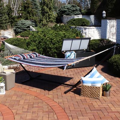 Image showing 6 th Sunnydaze Decor Quilted Double Hammock with Steel Stand for Backyard & Patio, 350 lb Weight Capacity/12' Stand, Nautical Stripe