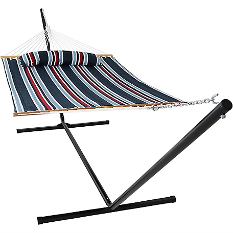 Sunnydaze Decor Quilted Fabric Spreader Bar Hammock and 15 ft. Stand, Nautical Stripe