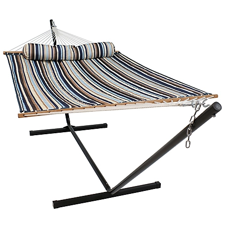 Sunnydaze Decor Quilted Fabric Spreader Bar Hammock and 12 ft. Stand, Ocean Isle