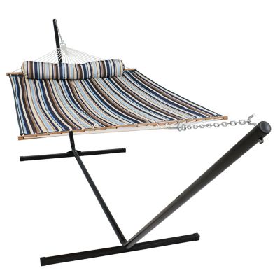 Sunnydaze Decor Quilted Fabric Spreader Bar Hammock and 15 ft. Stand, Ocean Isle