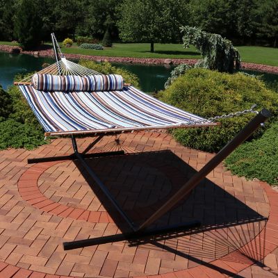 Image showing  Quilted Fabric Spreader Bar Hammock, Stand & Detachable Pillow, 400 lb. Weight Capacity/15 ft. Stand, Ocean Isle